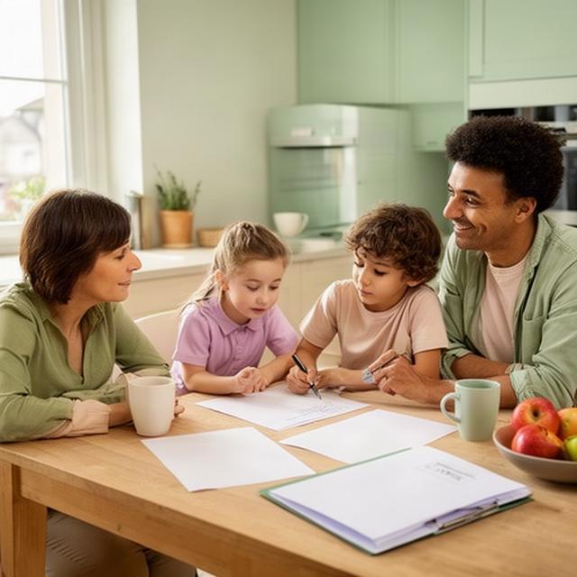 Schweizer Familie mit zwei Kindern am Küchentisch bei der gemeinsamen Finanzplanung