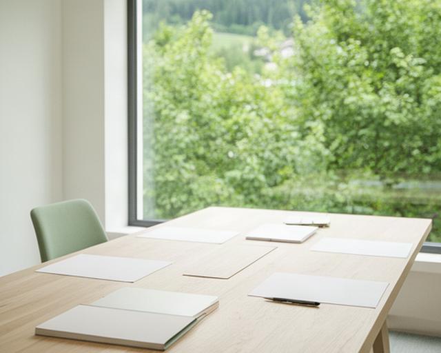 Heller Besprechungsraum in Horgen mit Holztisch, Unterlagen und Blick ins Grüne