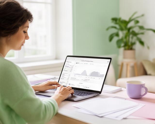 Digitale Anlegerin prüft ETF-Portfolio und Gebühren auf einem Laptop in einem hellen Schweizer Arbeitszimmer