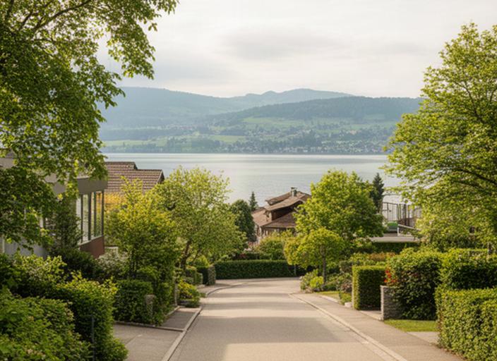 Ruhige Strasse in Horgen nahe dem Spinnerweg mit grüner Umgebung und Blick Richtung Zürichsee