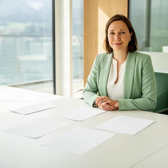 Beraterin im hellen Besprechungsraum in Horgen mit Unterlagen zu einem ETF-Portfolio